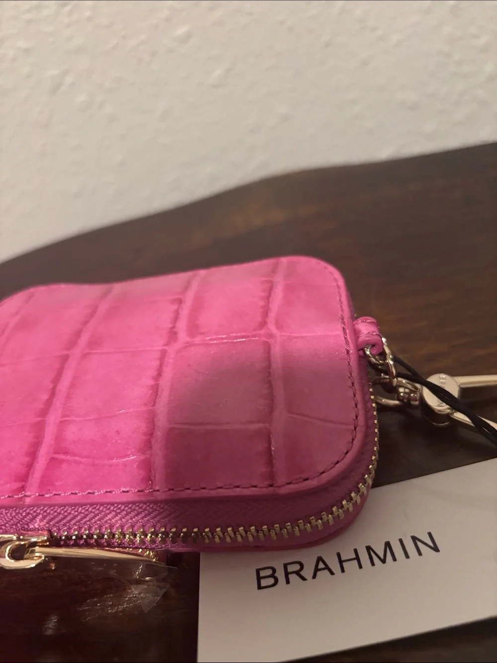 Brahmin Magenta Croc-Embossed Key Pouch with Gold Hardware
